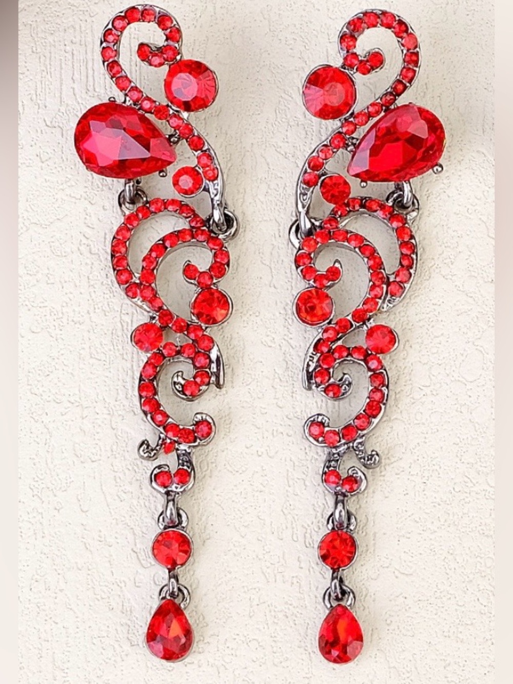 Red Rhinestone Baroque Chandelier Earrings Gothic Scroll Dangle Statement NEW - Picture 5 of 6